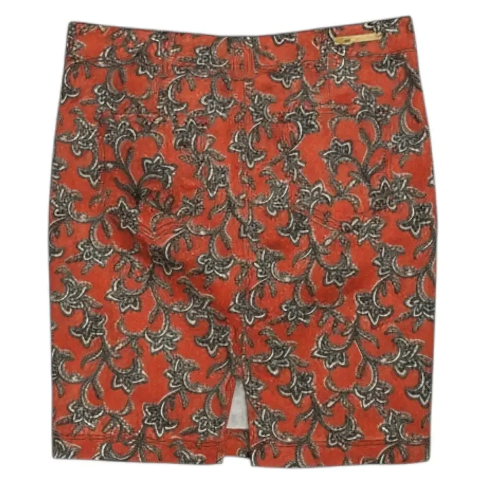 Pilcro Anthropologie Coral Paisley Denim Pencil Skirt Rust Red 29